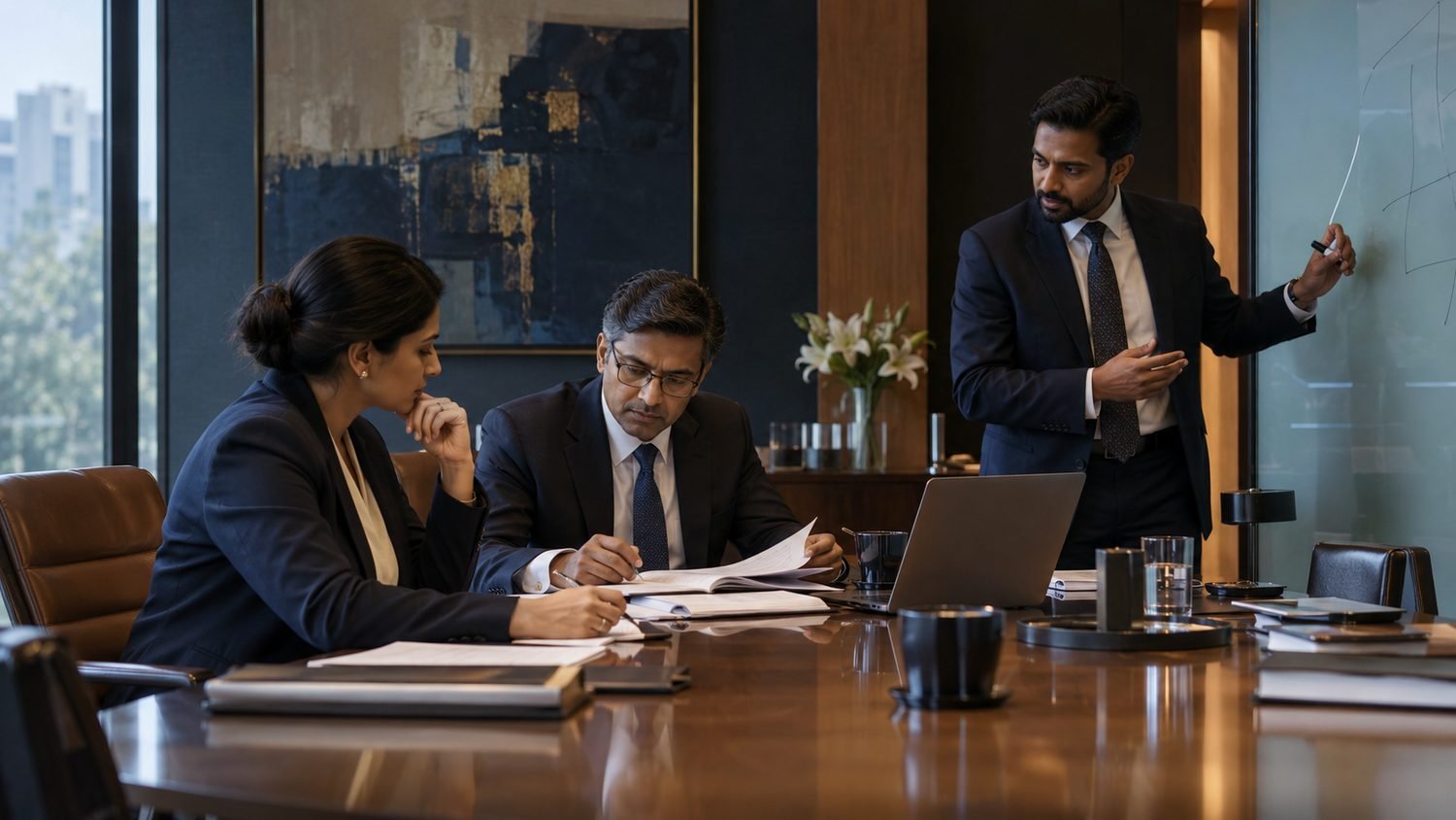 Edvisars counsel presenting legal strategy to colleagues in the firm's boardroom